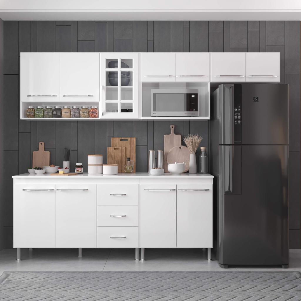 Cozinha Modulada Completa Fidelitá Viena 5 Peças 260cm 11 Portas 3 Gavetas Com Tampo Branco em Oferta na Shopee