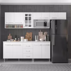 Cozinha Modulada Completa Fidelitá Viena 5 Peças 260cm 11 Portas 3 Gavetas Com Tampo Branco
