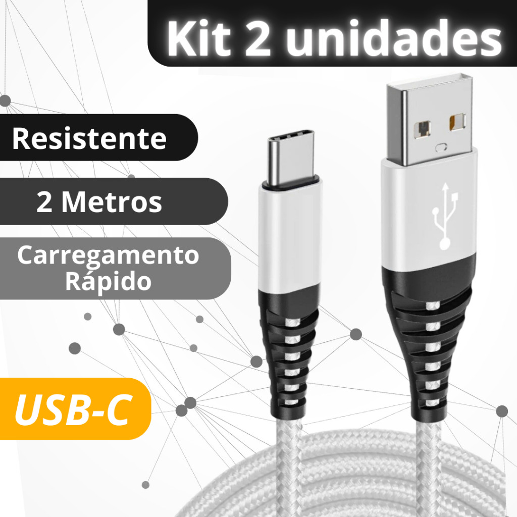 Kit 2 Cabo Tipo C Usb Carregador Ultra Rápido 2 metros Resistente Nylon Anti quebra em Oferta na Shopee