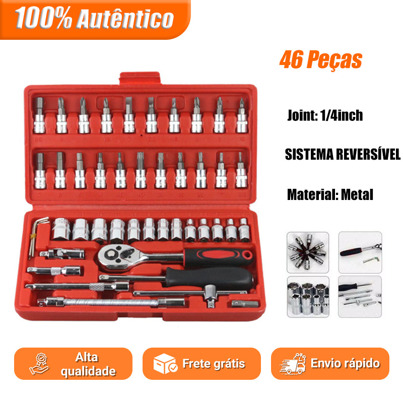 Kit De Ferramentas 46 Peças Jogo De Soquetes Chave Catraca Reversível Com Maleta Jogo De Ferramentas Completo