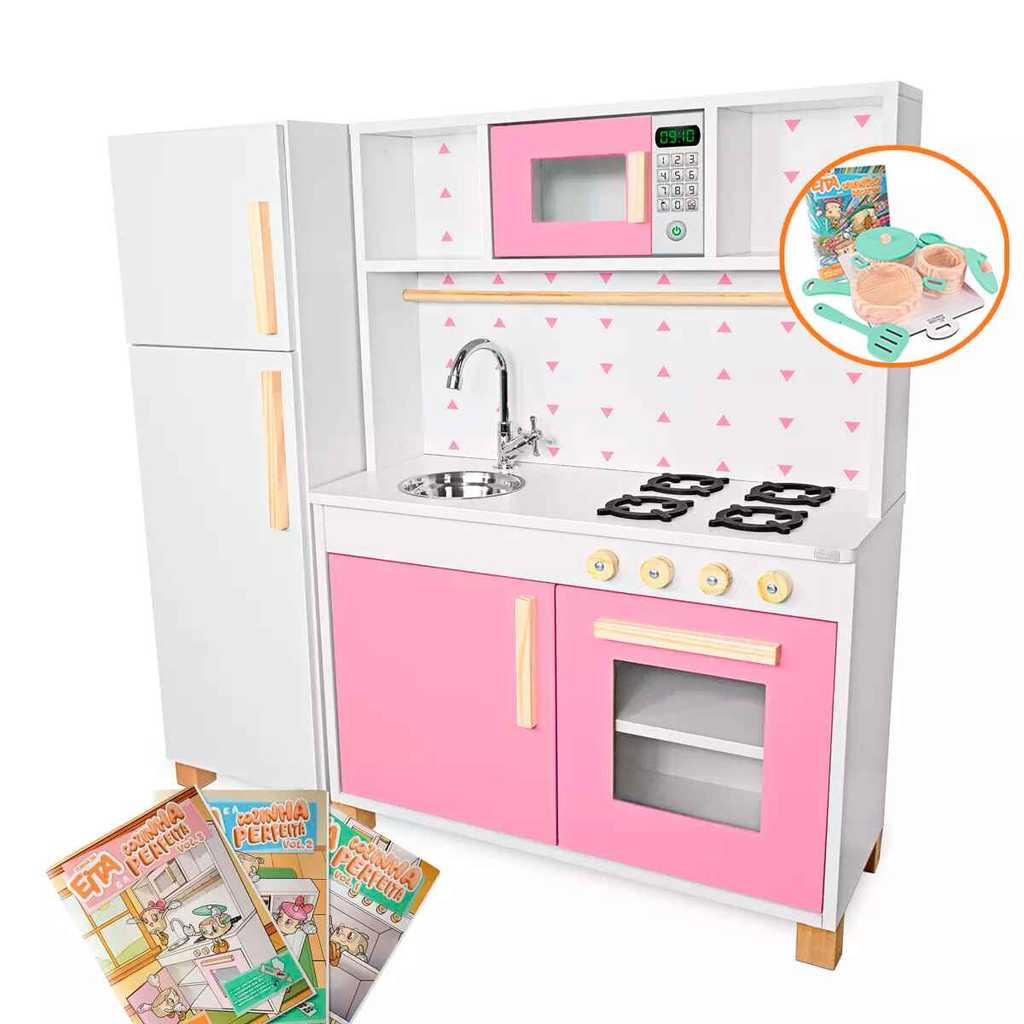Cozinha Infantil Geladeira Panelinhas Brinquedo Madeira Verde Claro Faz de Conta Chef Pedagógico Kit Livro Educativo