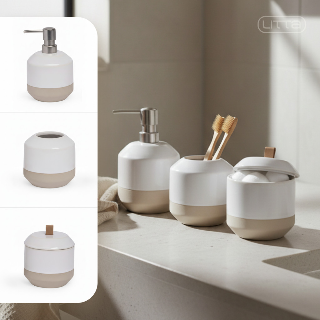 Kit Banheiro Lavabo 3 Peças Branco e Cerâmica Conjunto Moderno Combo Porta Sabonete Copo Multiuso Pote com Tampa Premium
