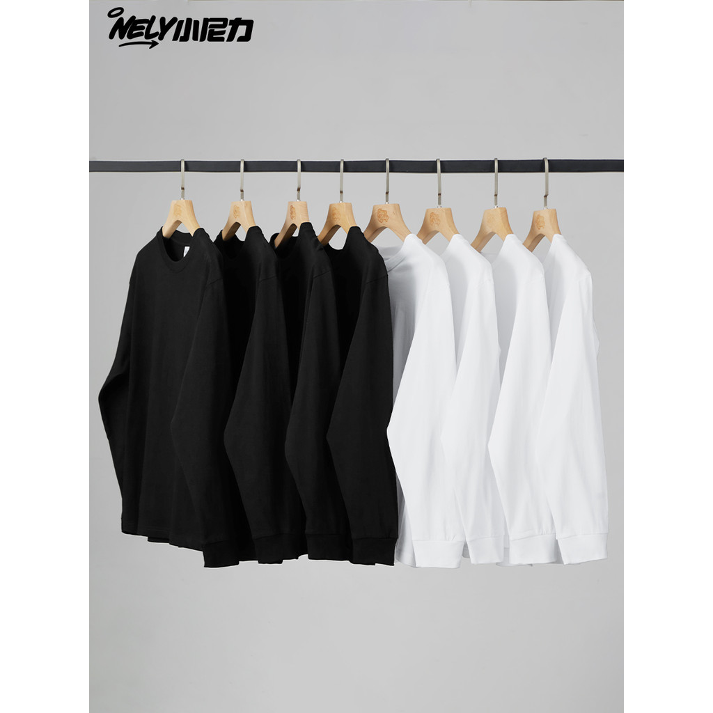 Ins puro algodão de manga comprida camiseta masculina feminina solta primavera outono roupas na moda em torno do pescoço