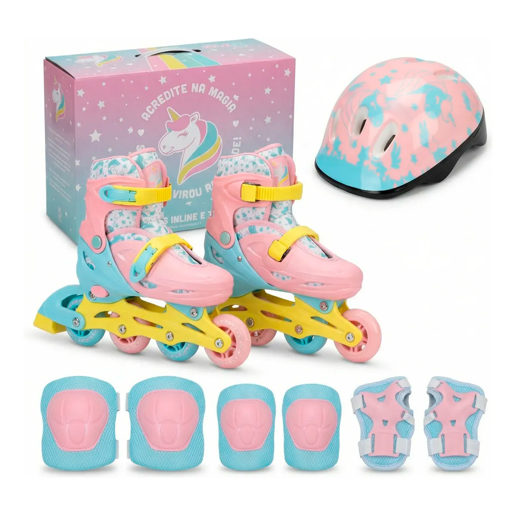 Patins Infantil 2 Em 1 Ajustável Inline Trilne Kit Proteção 32 A 35 60 Mm Lilas E Coral