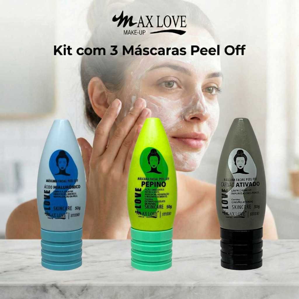 Kit com 3 Máscaras Peel Off - Ácido Hialurônico, Pepino, Carvão Ativado Max Love