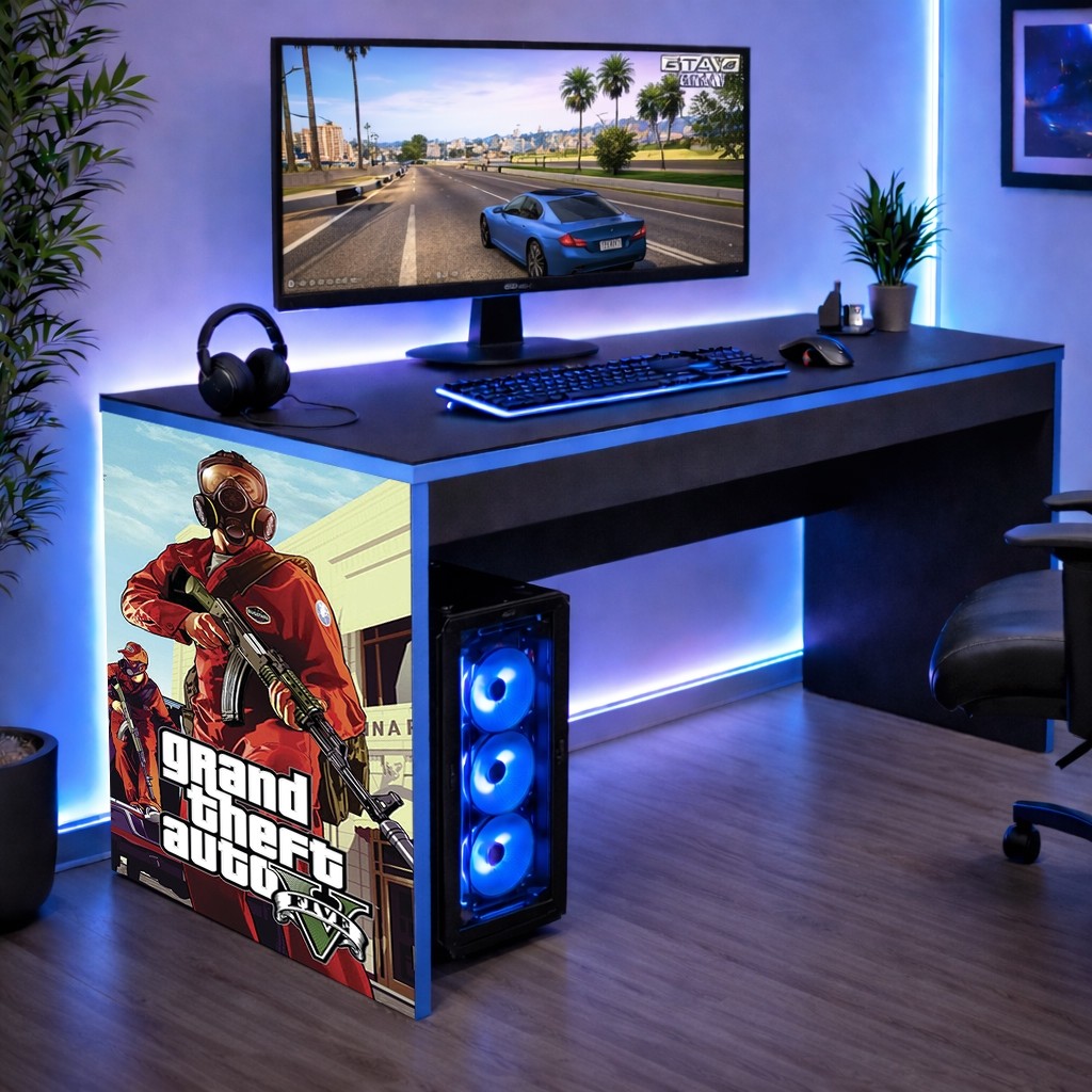 Mesinha Infantil Gamer Mesa Escrivaninha Computador Jogos Borda Azul GTA Achadinho Oferta