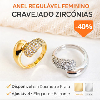 Anel Regulável Feminino Cravejado Pedra de Zircônia 2 Gotas Folheado a Ouro e Prata 925 em Oferta na Shopee