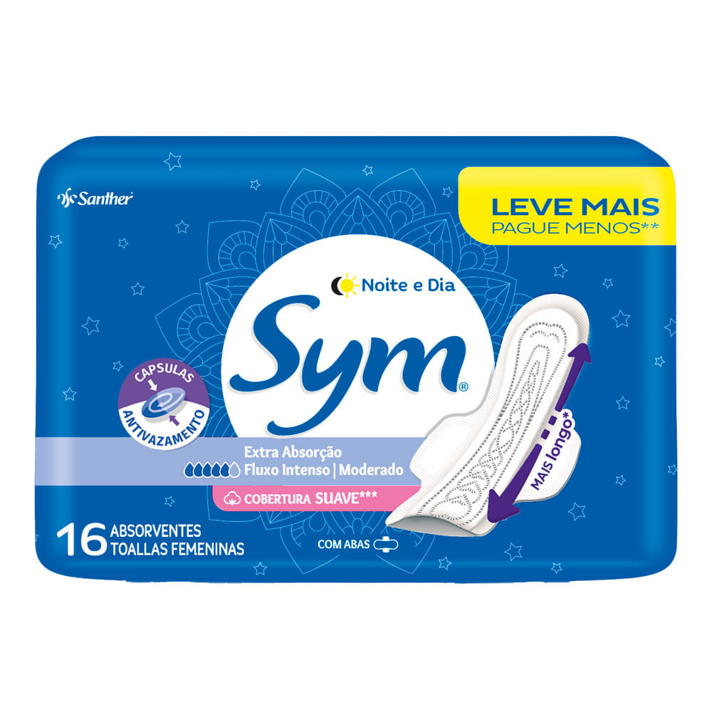Absorvente Sym Noite & Dia Cobertura Suave com Abas 16 Unidades Leve Mais Por Menos em Oferta na Shopee