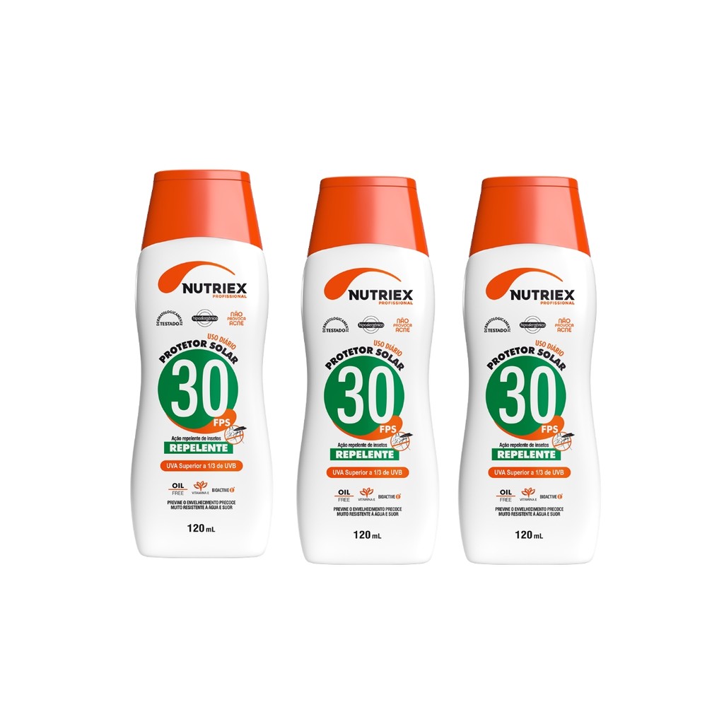 Protetor Solar FPS 30 Com Repelente Nutriex Profssional 120ml KIT Com 3 Unidades em Oferta na Shopee