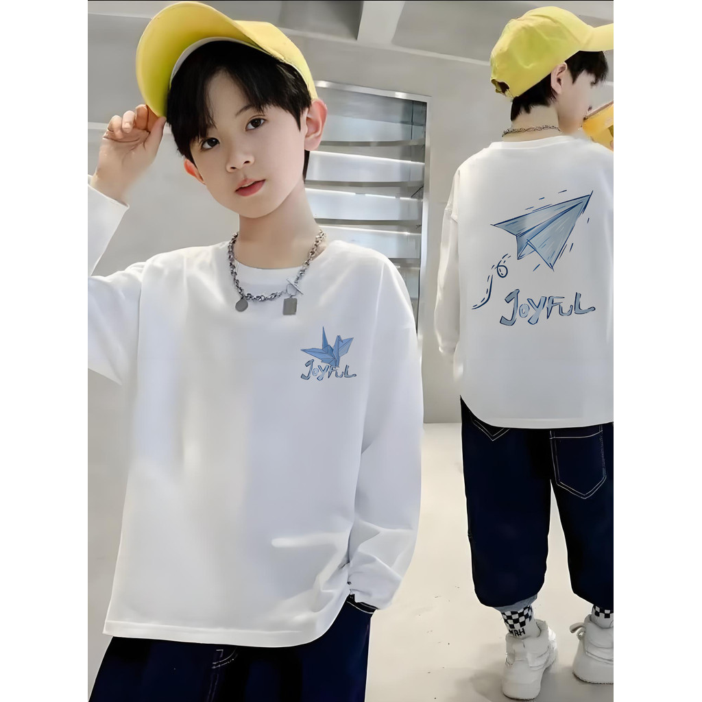 Algodão puro meninos de manga comprida outono branco camiseta 2025 crianças novo estilo médio grande crianças primavera 