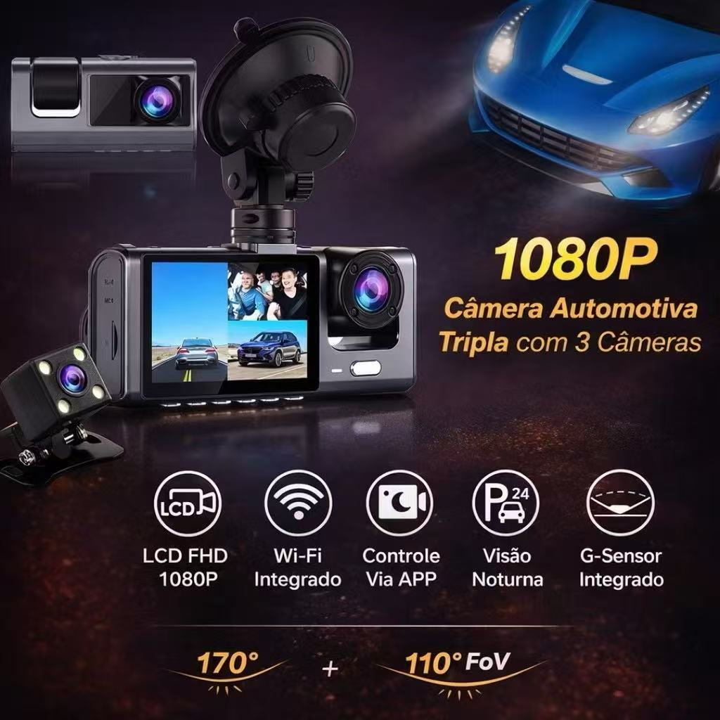 Câmera de painel de carro HD 1080P, câmera de 3 lentes, gravador DVR, câmera de direção -SMILE