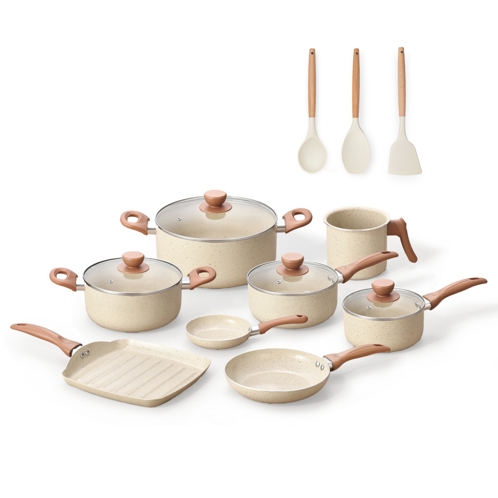 jogo com 8 panelas antiaderentes de ceramica e aluminio bege terrara e 3 utensílios de silicone - oi em Oferta na Shopee