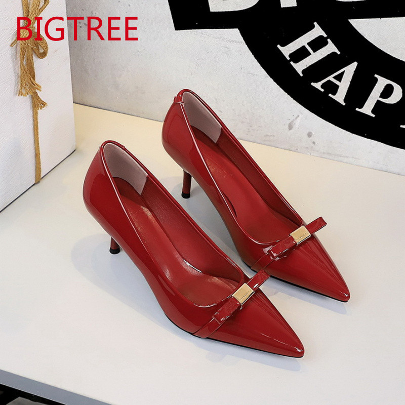 Imagem Sapatos de salto alto BIGTREE cor bordô para mulheres, estilo francês, adequados para o dia a dia, corte baixo, couro en