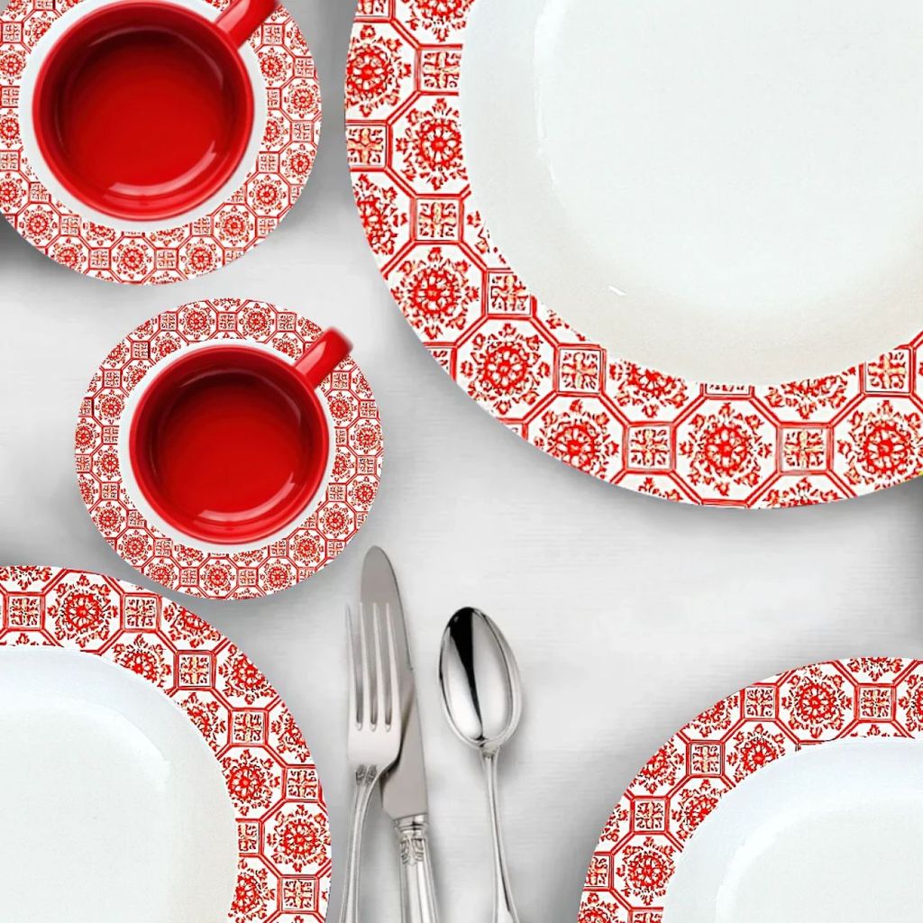Kit 4 Pratos Fundo Branco Borda Vermelha para Jantar 25cm Melamina Resistente em Oferta na Shopee