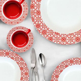 Kit 4 Pratos Fundo Branco Borda Vermelha para Jantar 25cm Melamina Resistente em Oferta na Shopee