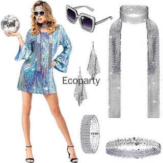 Traje De Halloween Hippie Disco Para Feminino 70 Lantejoulas Carimbado Bandana Vestido Moda Palco Desempenho Trajes 2024