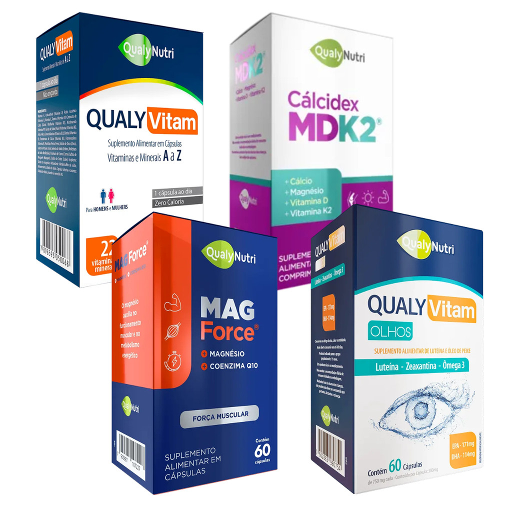 Kit Vitalidade Sênior QualyNutri Polivitamínico + Cálcio MDK + Magnésio + Olhos Suporte Ósseo Visão
