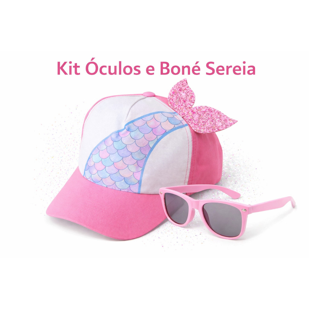 Kit Boné e Óculos Infantil Sereia Rosa Menina Proteção Sol Moda Praia Verão