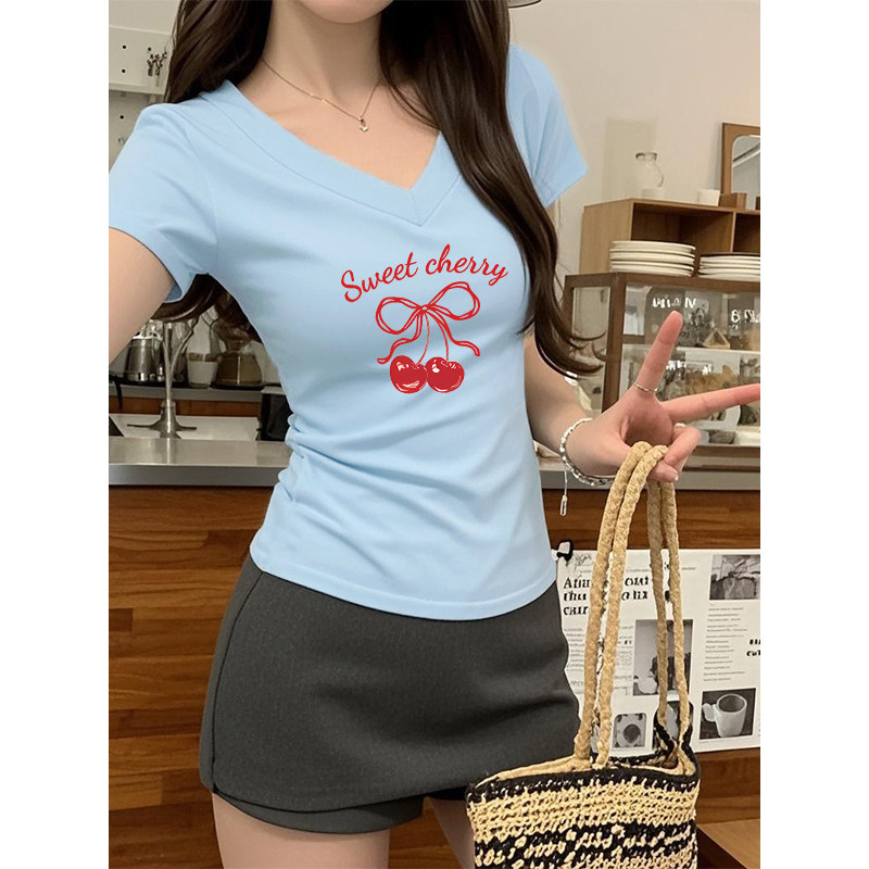 Azul com decote em v de manga curta meninas doce quente menina impresso simples All-Match Commuter camiseta verão fino a