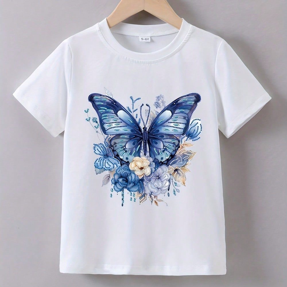 Camisetas Infantil Para Meninas Criativas com Estampa de Borboleta Manga Curta Blusinha Infantil 100% Algodão Premium