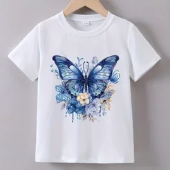 Camisetas Infantil Para Meninas Criativas com Estampa de Borboleta Manga Curta Blusinha Infantil 100% Algodão Premium