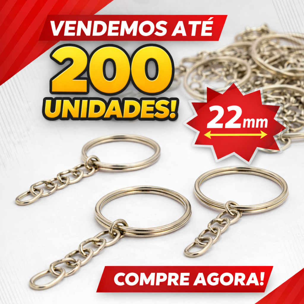 Conjunto até 200 Argola para Chaveiro 22mm com corrente de Aço Reforçada