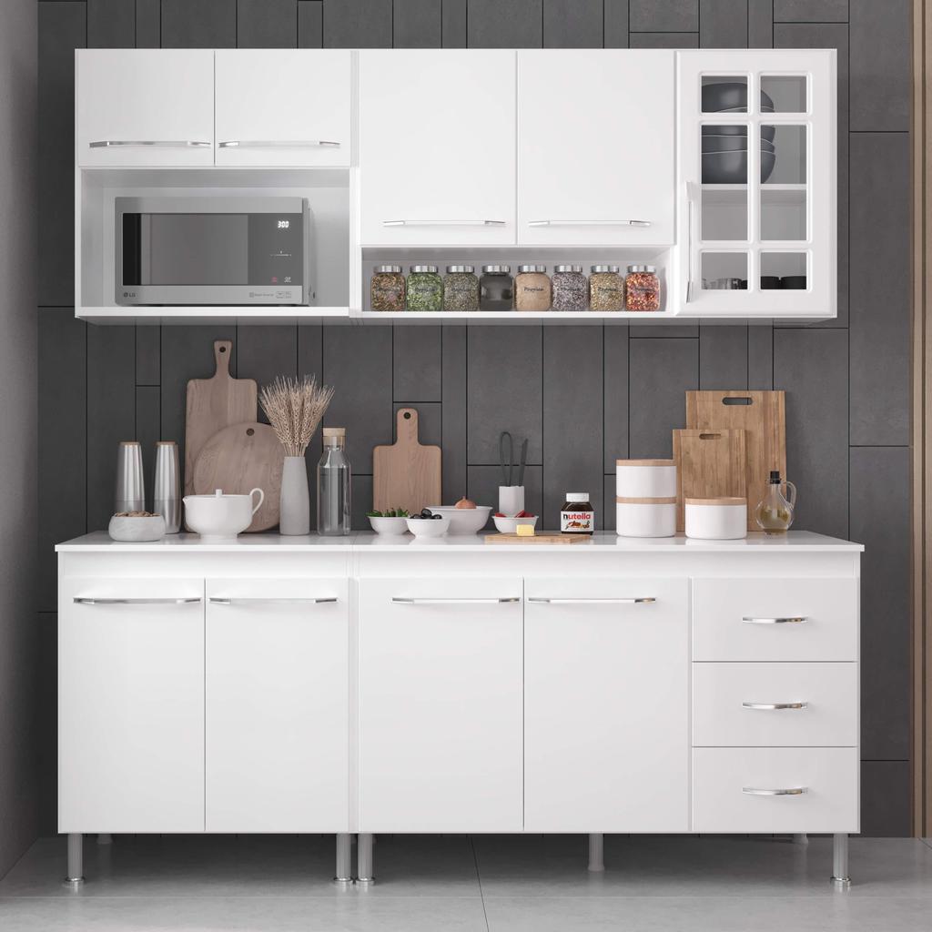 Cozinha Modulada Compacta Fidelitá Viena 4 Peças 190cm 9 Portas 3 Gavetas Com Tampo Branco