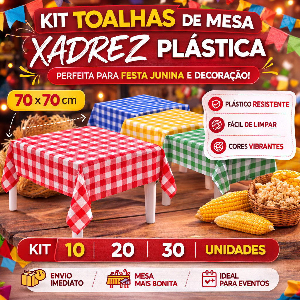 Kit Toalha de Mesa Xadrez Plástica 70x70cm 10/20 /30 /50 Unidades  Festa Junina Decoração Mesa Festa