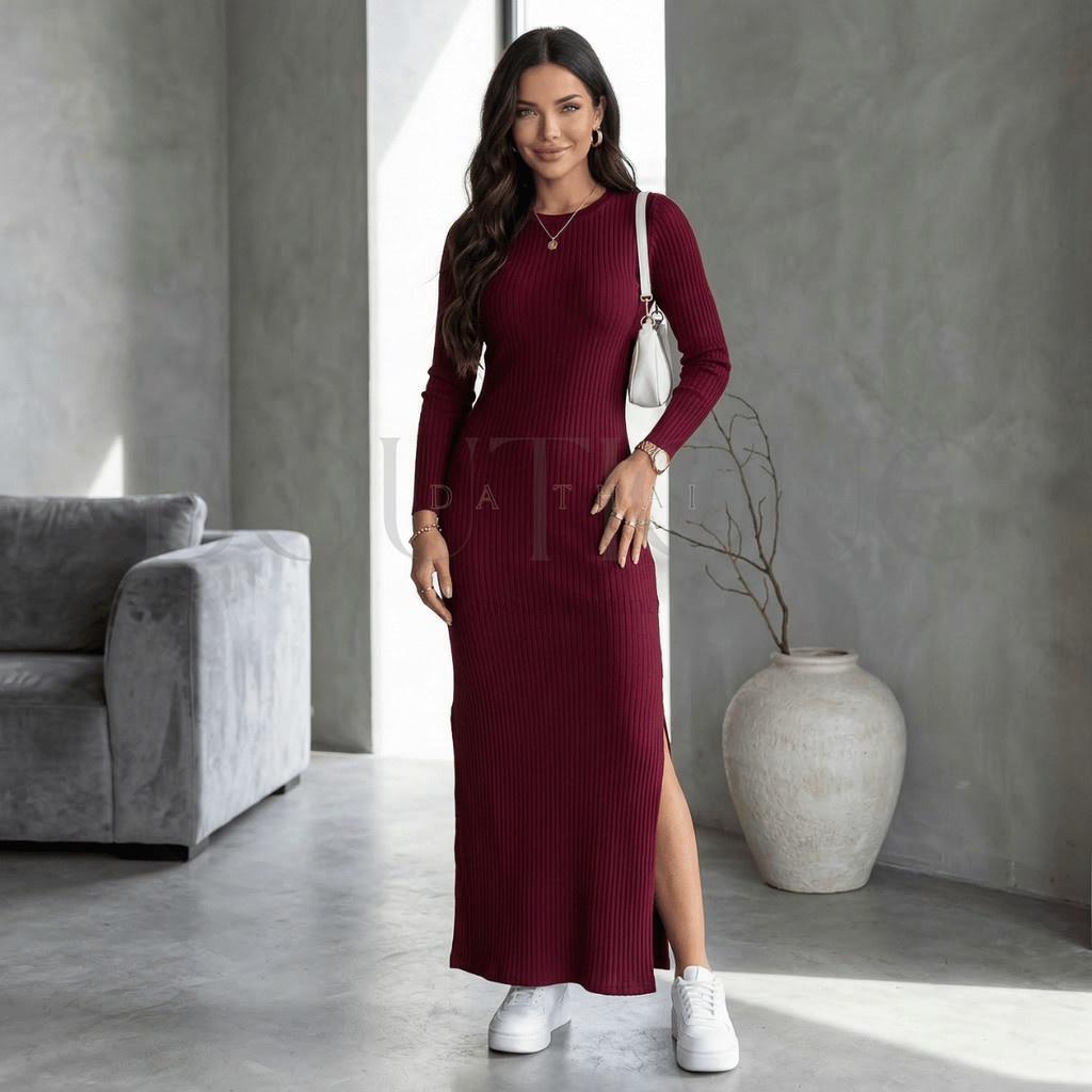 Vestido Feminino Longo Canelado Manga Longa com Fenda Lateral Moda Inverno Elegante