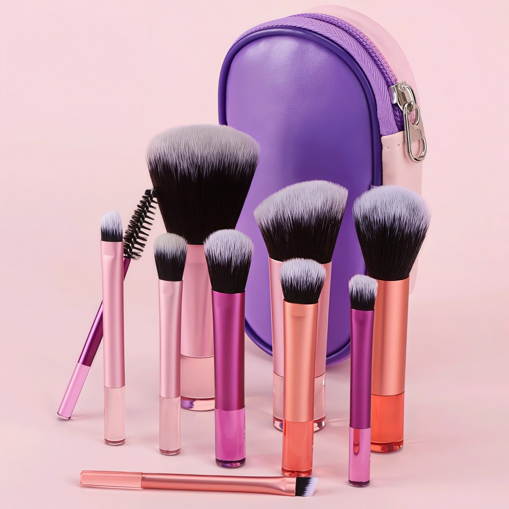 Kit Mini Pincel de Maquiagem Completo 10 Peças na Cor Rosa com Estojo Bolsa Portátil Ideal para Viagem
