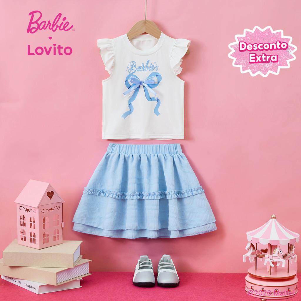 (New arrival) Barbie™ X Lovito Kids Conjunto Saia Fofa Laço Babados Amarração Azul Primavera/Verão Meninas KSBL3PAD057 em Oferta na Shopee