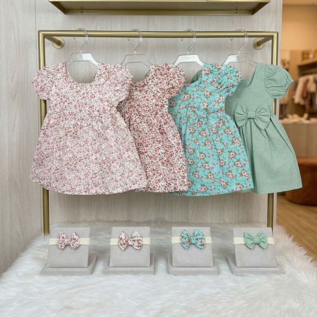 Kit 4 Vestidos Infantil Menina 100% Algodão Com Faixinha De Cabelo