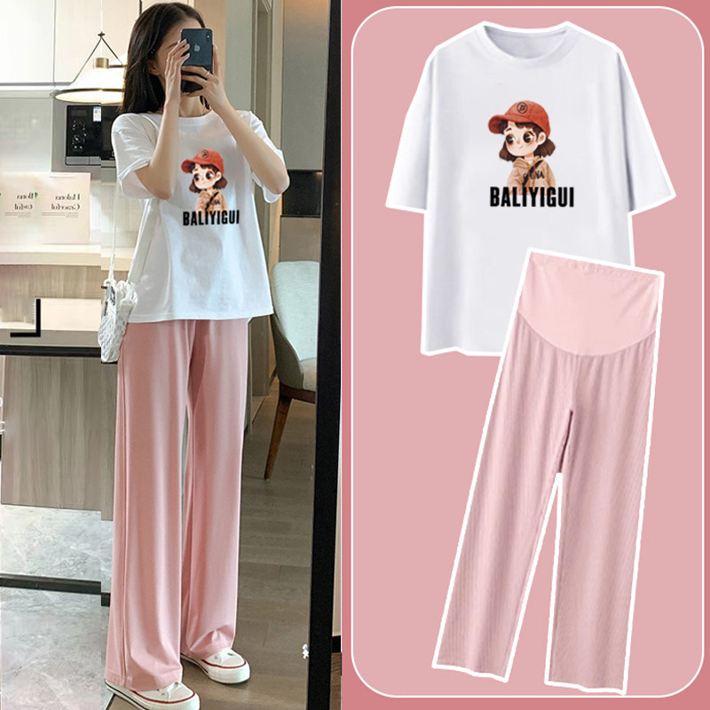 Algodão puro roupa de maternidade verão wear pequeno solto dos desenhos animados de manga curta camiseta terno superior 