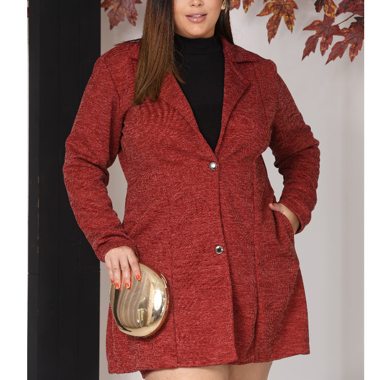 Casaco Feminino Plus Size Curve Longo Malha Ribana Com Bolso Blazer Elegante Moda Outono