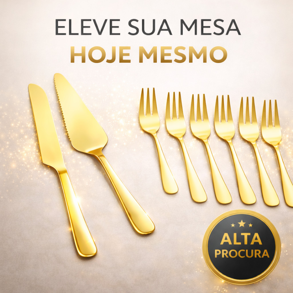 Conjunto 8 Peças Talheres Sobremesa Dourado Inox Luxo Pá Faca Garfos Para Bolo Pizza Torta em Oferta na Shopee
