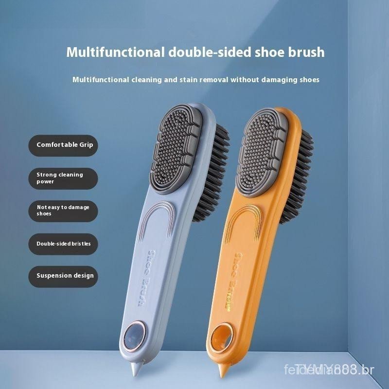 Escova de sapatos de dupla face com cerdas macias, cabo longo de silicone, para limpeza de roupas e sapatos, utensílio d