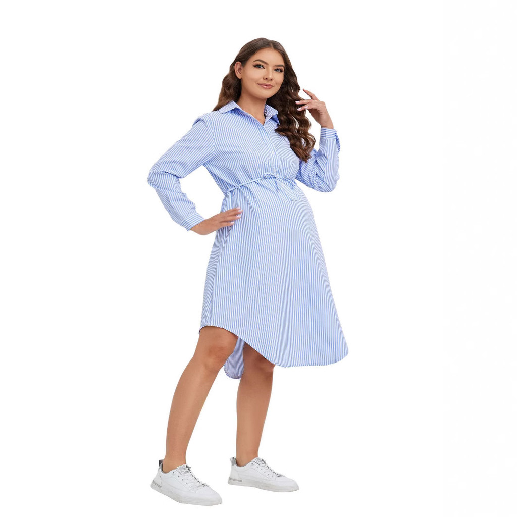 Roupas de maternidade para primavera e verão: vestido de maternidade listrado de manga comprida com gola, elegante e cas