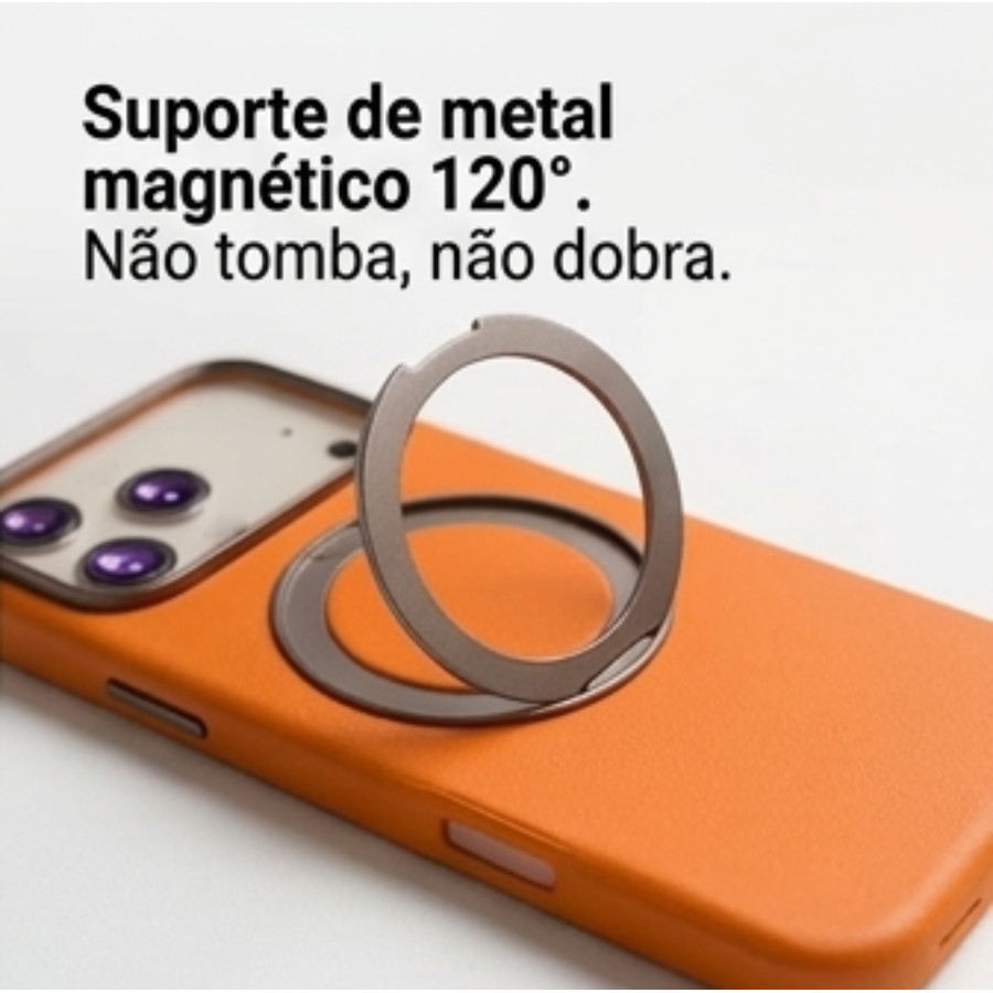 Achadinho Luxo! Capa Couro MagSafe p/ iPhone 17 Pro Max | Suporte Metal
