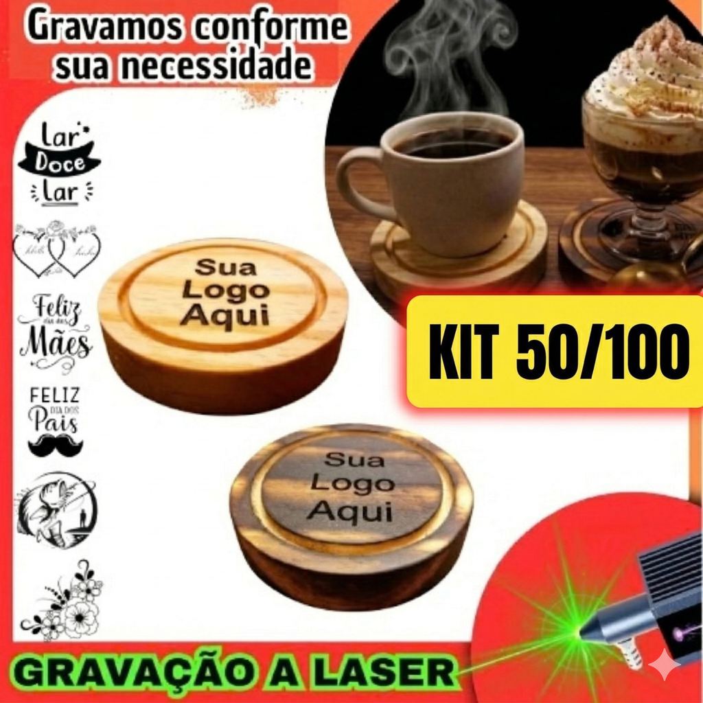 Kit 50 100 Porta Copos Bolacha Madeira Rústica Descanso De Mesa Posta Tratado Óleo Mineral
