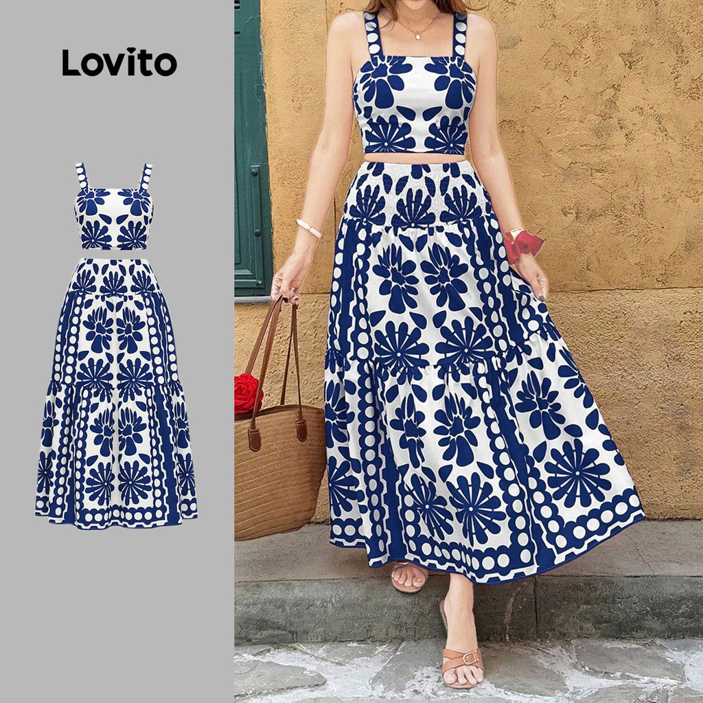 Lovito Tops ou calças Boho plissadas primavera/verão tops ou calças para mulheres LK3LD378