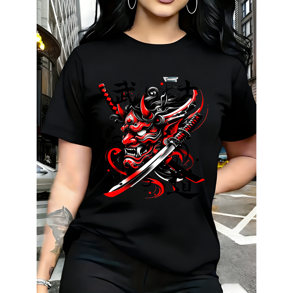 Camisa De Manga Curta Masculina, Design Com Demônio Japonês, Lâmina De Katana, Letras Kanji, Vermelho E Preto, Tamanhos