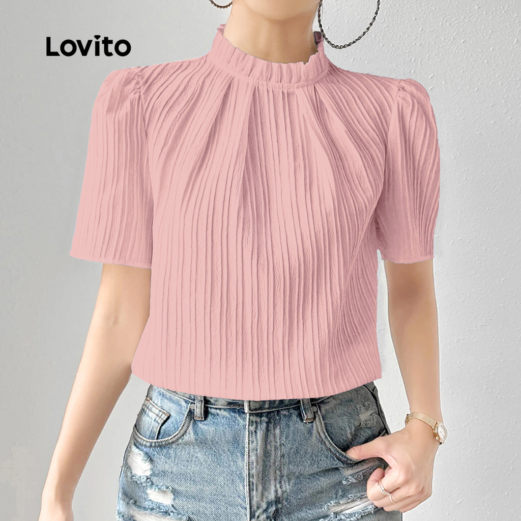 Lovito Blusa Casual plissada primavera/verão blusa rosa para mulheres LK3ED017