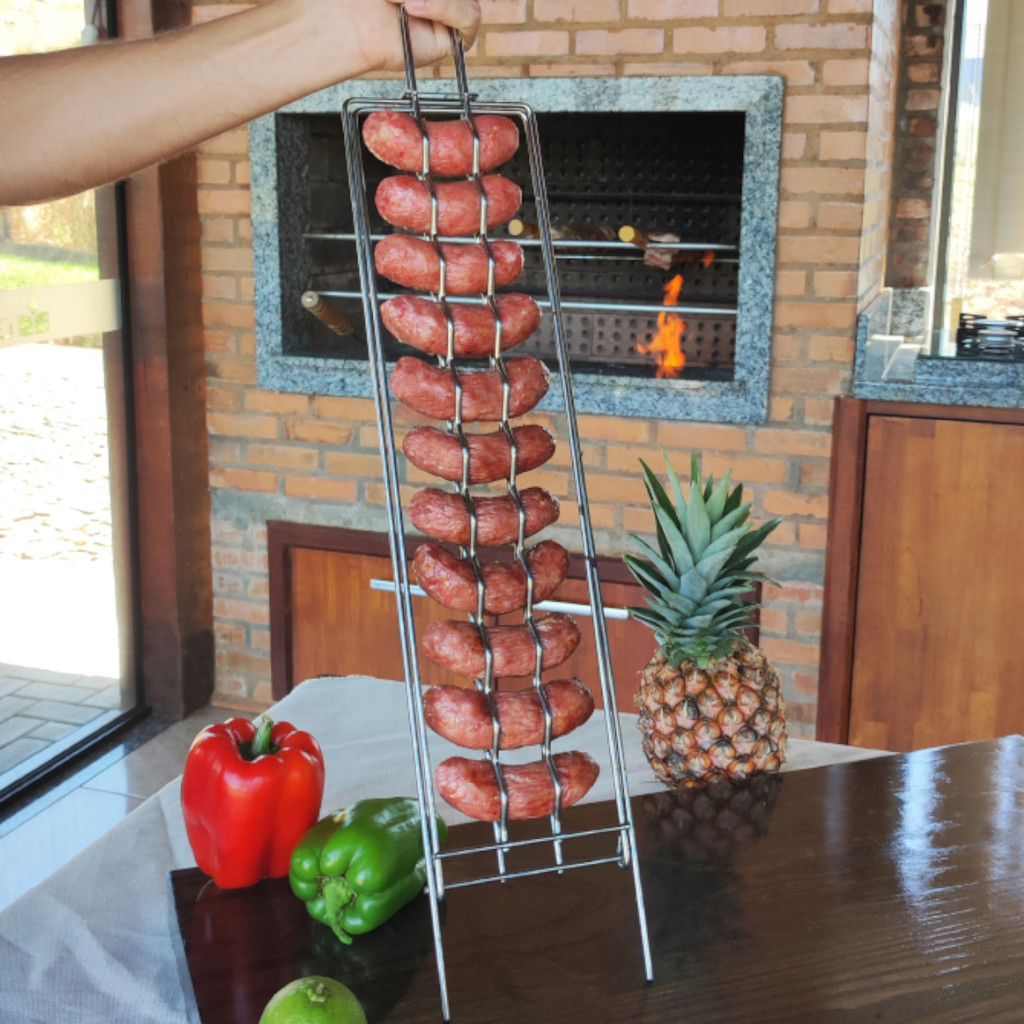 Grelha Cromada Para Linguiça Churrasco Aperitivos Grill Aço Resistente Durável 13 x 49,5cm