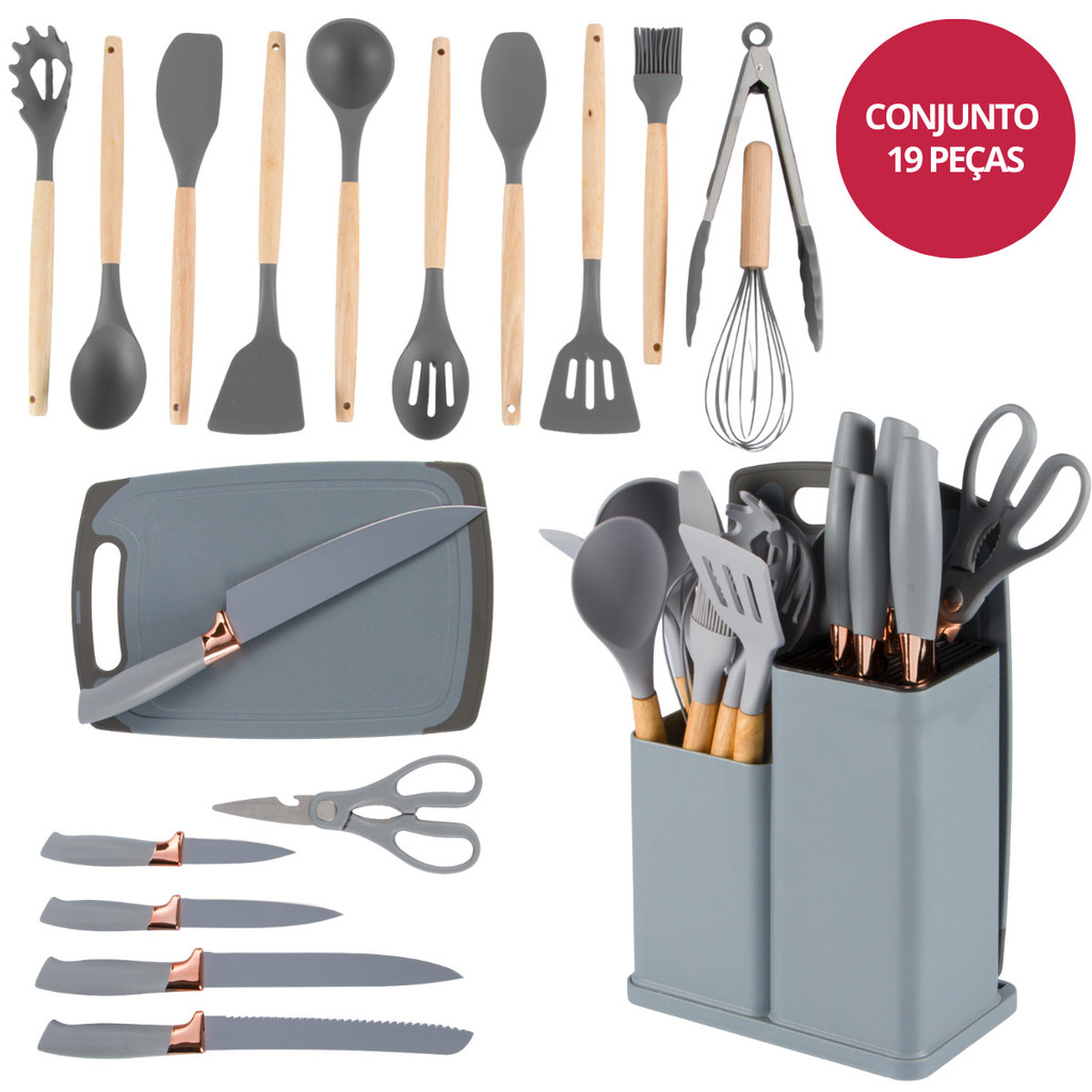 Kit Utensílios de Cozinha Silicone 19 Peças Cinza Thika em Oferta na Shopee