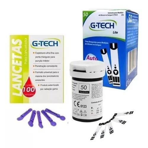 50 Fitas Tiras Reagentes G-tech Lite Glicemia + 100 Lancetas