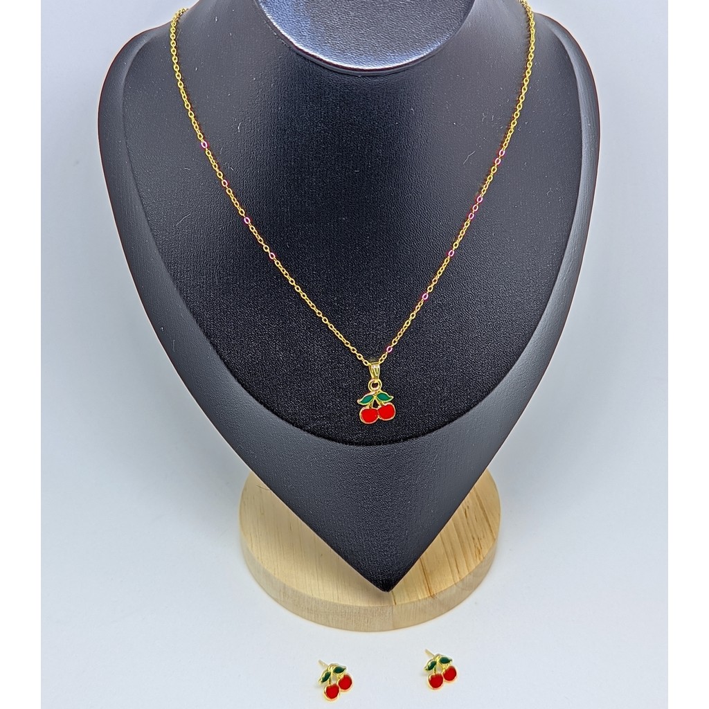 Kit Colar e Brincos Infantil Menina Conjunto Par de Brinco Antialérgico Cerejinha Folheado Ouro Dourado Cereja