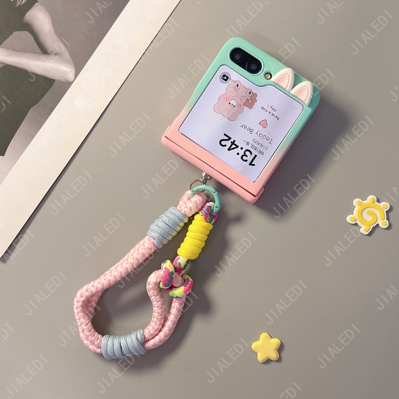 Rosa Verde Gradiente Pulseira Bonito Orelhas Dobradiça Caso De Telefone Para Samsung Galaxy Z Flip 7 FE 6 5 4 3 flip6 zf
