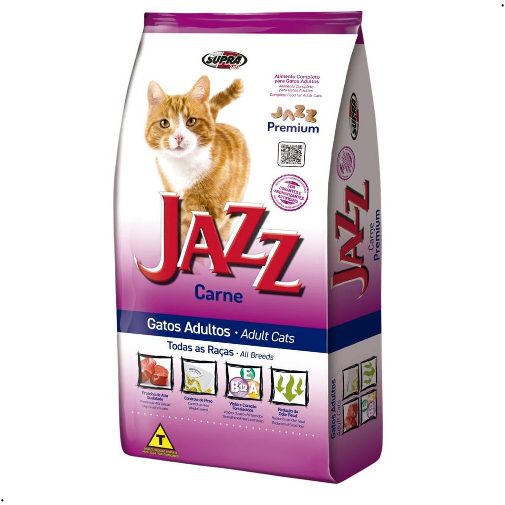 Ração Gato Adulto Jazz 10,1Kg Todas Raças Sabor Carne Premium Proteina 28% Controle Pelo Pet