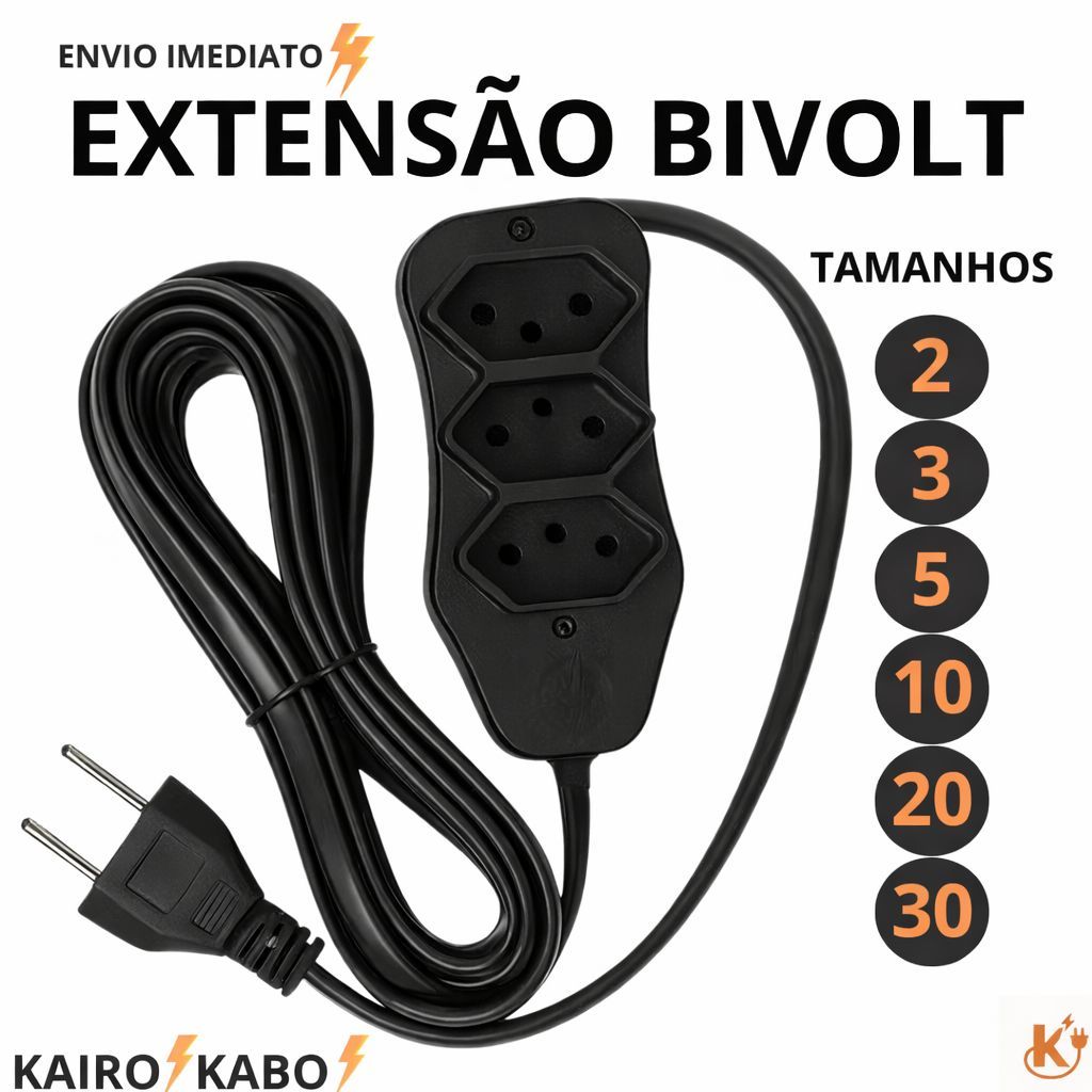 Extensão Elétrica de 30 Metros Com 3 Tomadas Bivolt 10 Amperes Cabo Resistente 2,3,5,10,20,30 METROS
