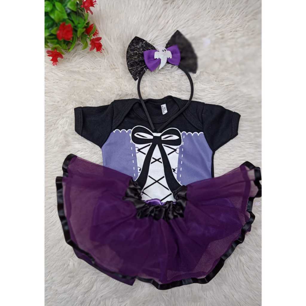 Body Romper Bebê Fantasia Bruxinha Menina Halloween Look Temático Mesversário Jardineira Infanti